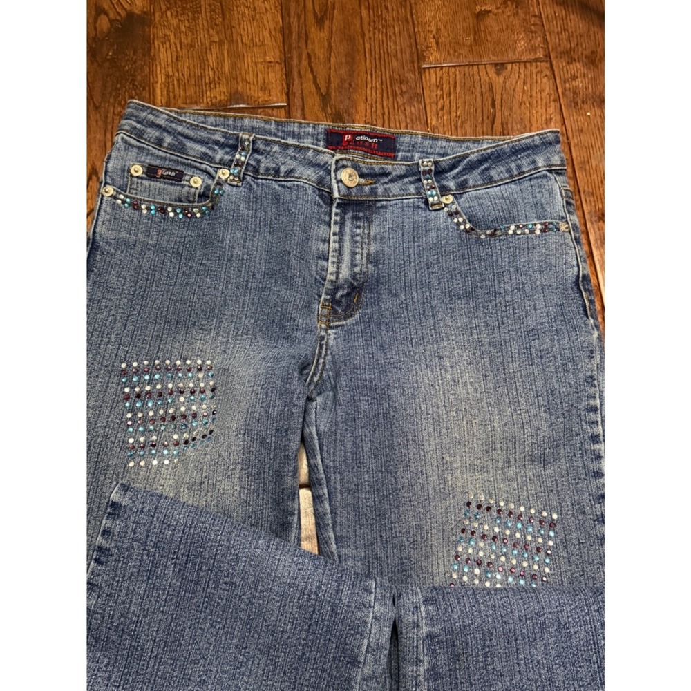 Platinum Plush Y2K Rhinestone Studded Bootcut Jeans Medium Wash Blue Denim 9201